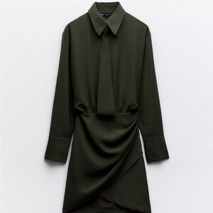 Zara Olive Green Long-Sleeve Tie-Neck Dress